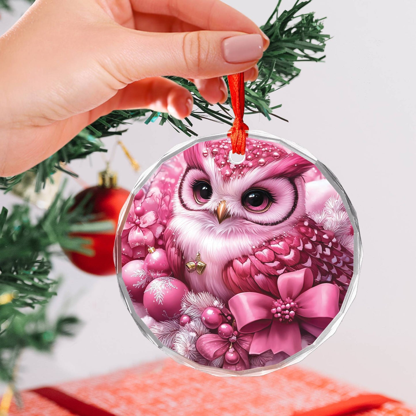 Owl Pink Christmas Design 1 Glass Ornament