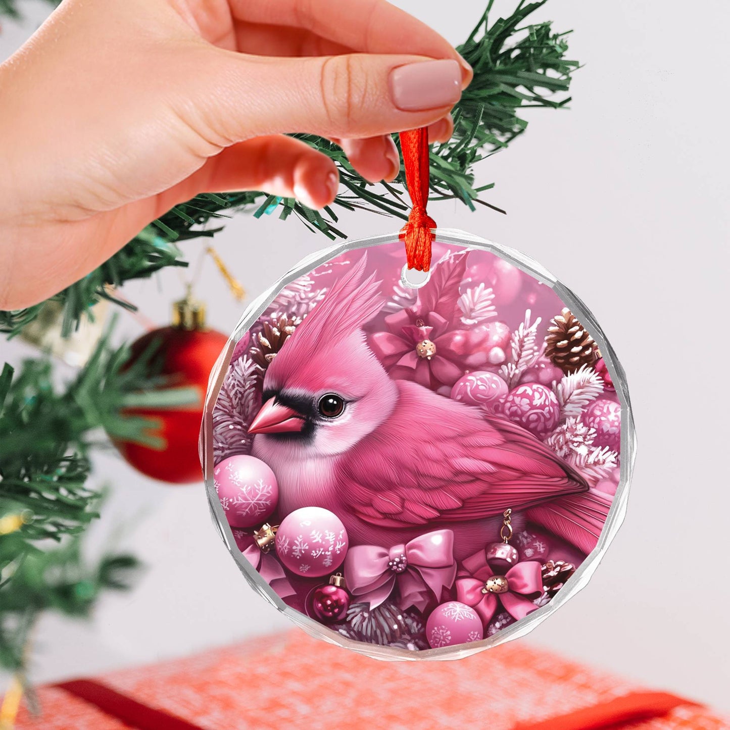 Cardinal Pink Christmas Design 1 Glass Ornament
