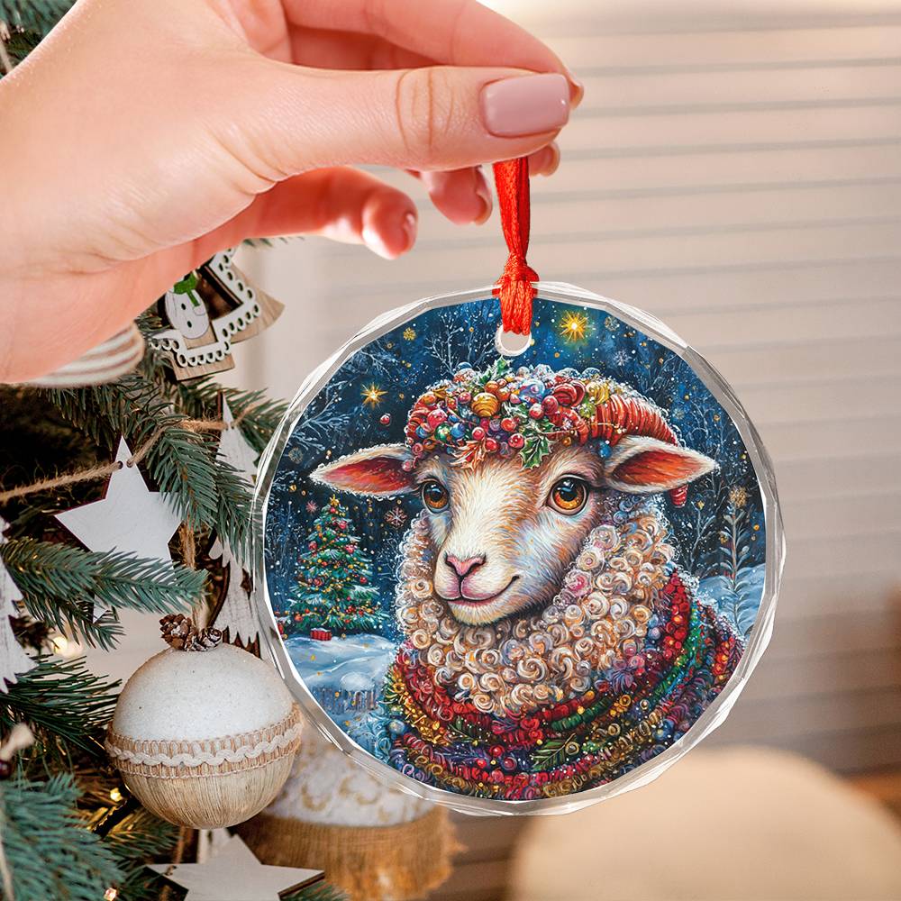 Beautiful Sheep Christmas Night Design 3 Glass Ornament