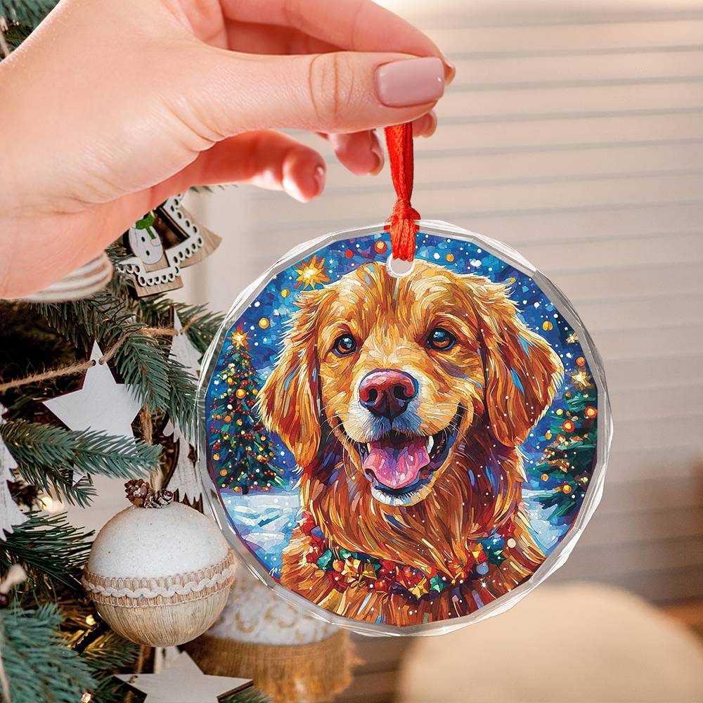 Beautiful Golden Retriever Dog Christmas Night Design 3 Glass Ornament