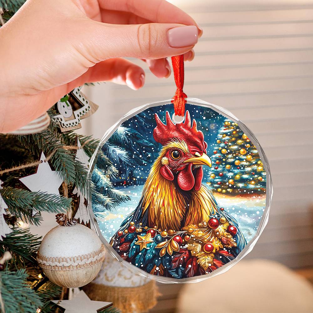 Beautiful Rooster Christmas Night Design 4 Glass Ornament