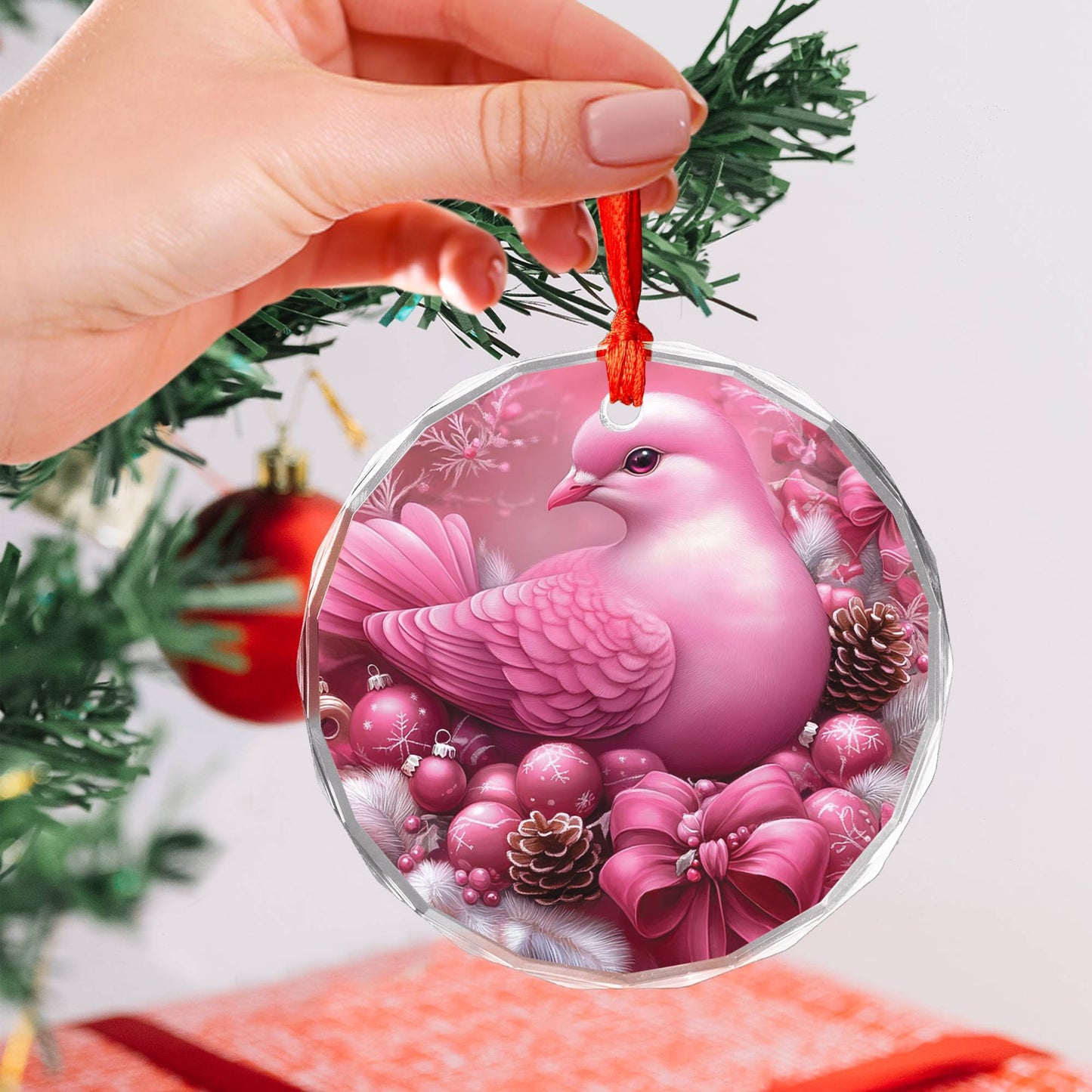Dove Pink Christmas Design 2 Glass Ornament
