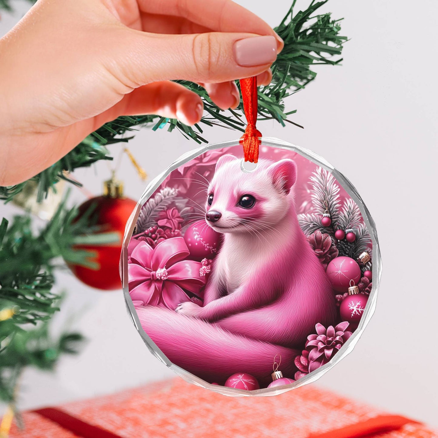 Ferret Pink Christmas Design 2 Glass Ornament