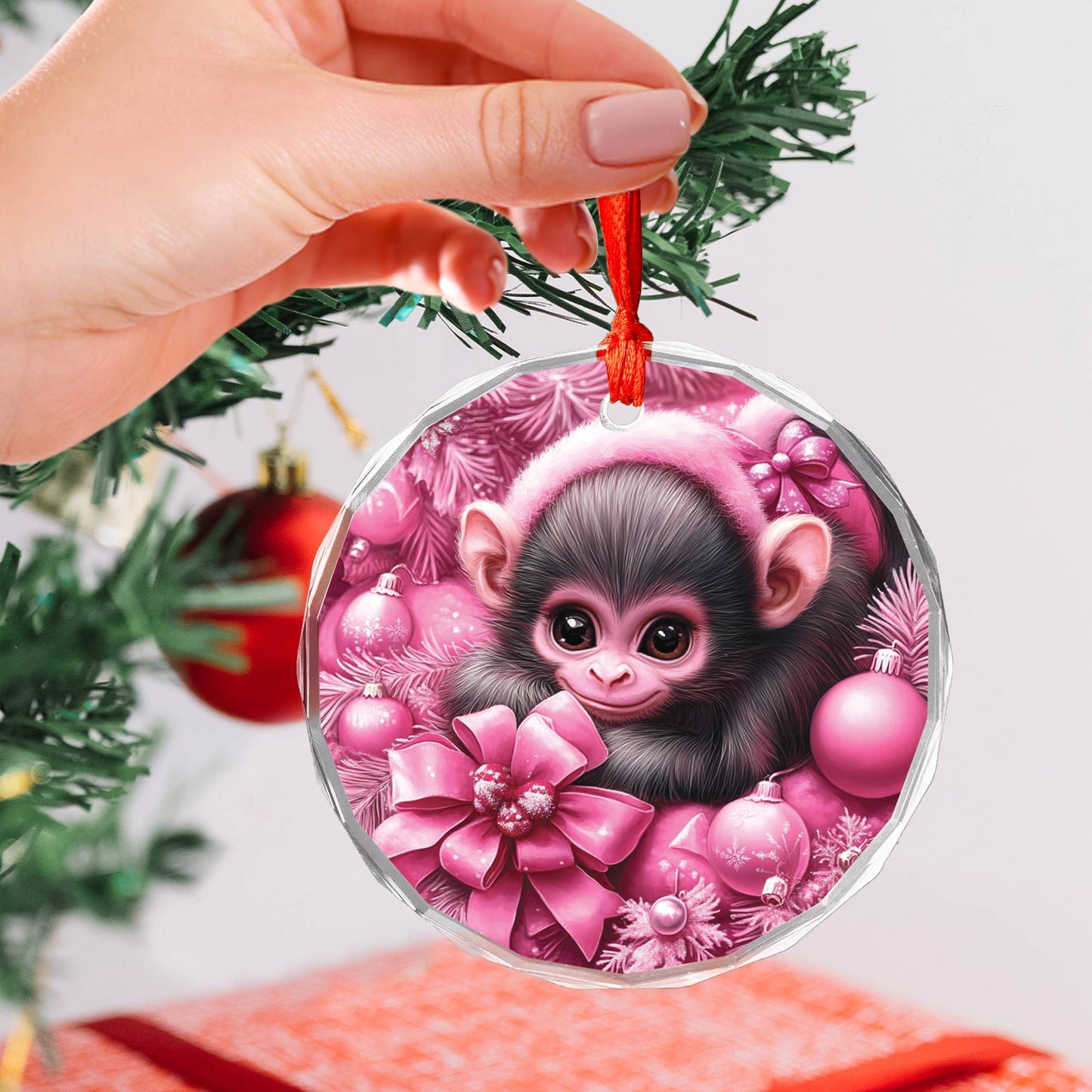 Monkey Pink Christmas Design 3 Glass Ornament
