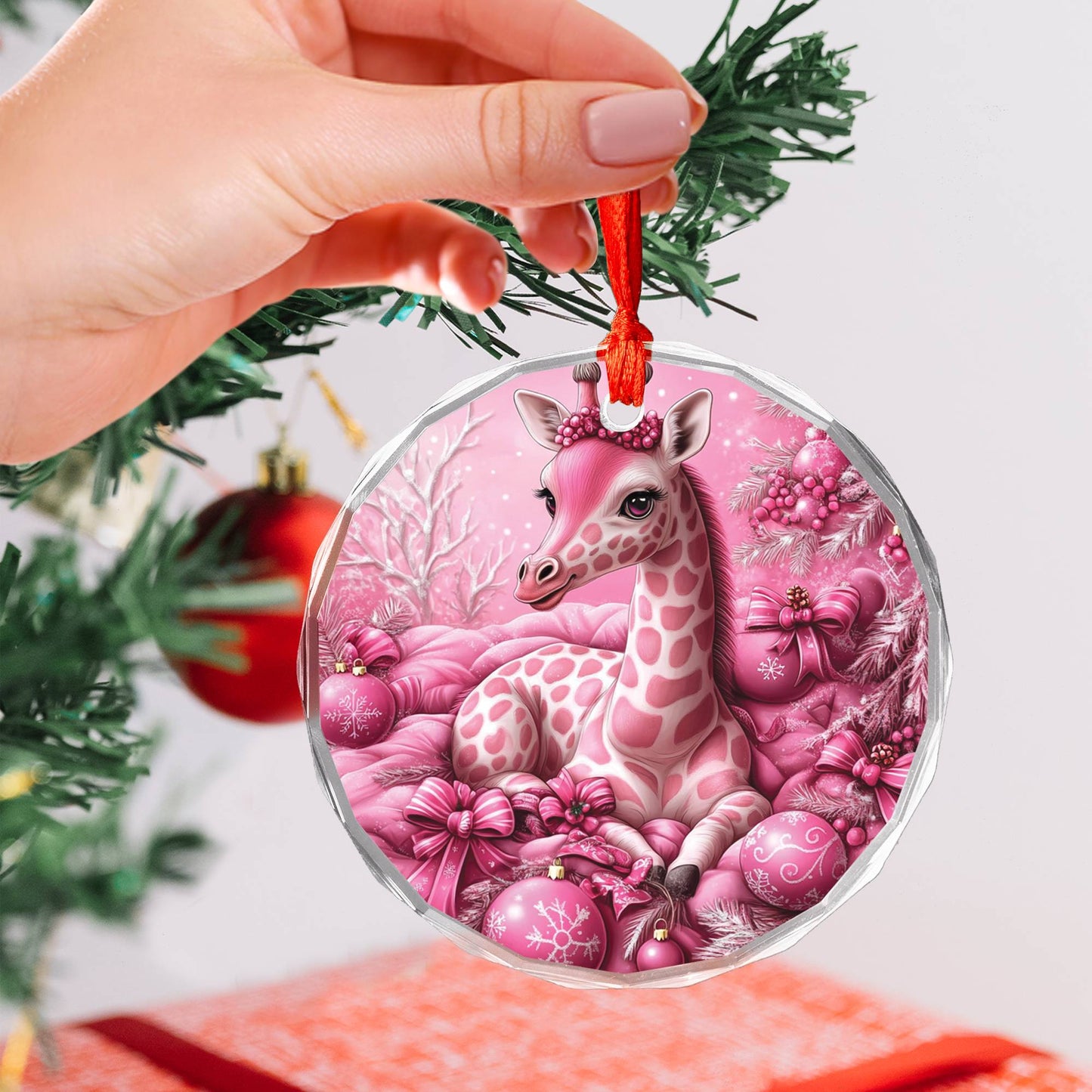 Giraffe Pink Christmas Design 2 Glass Ornament