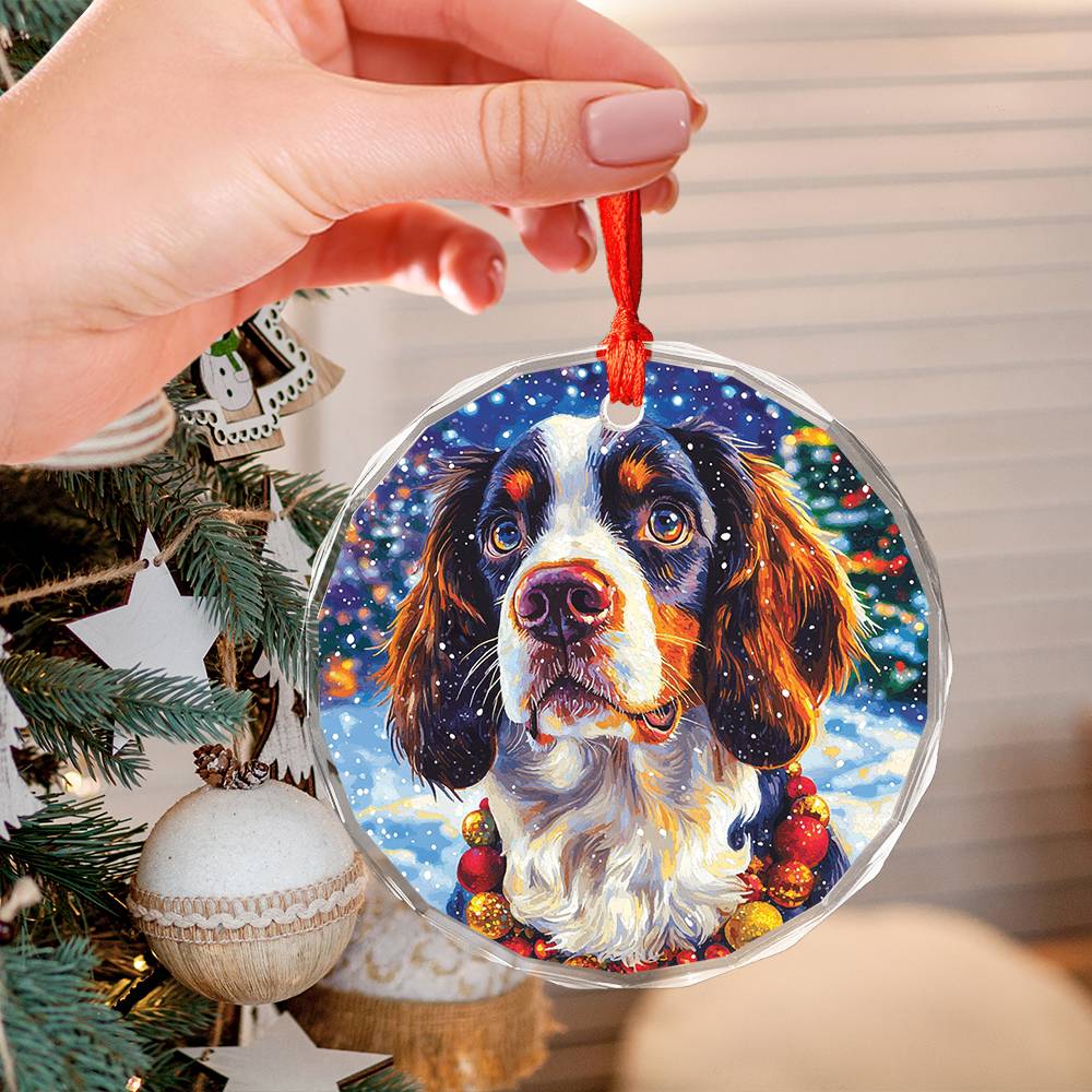 Beautiful English Springer Spaniel Dog Christmas Night Design 3 Glass Ornament