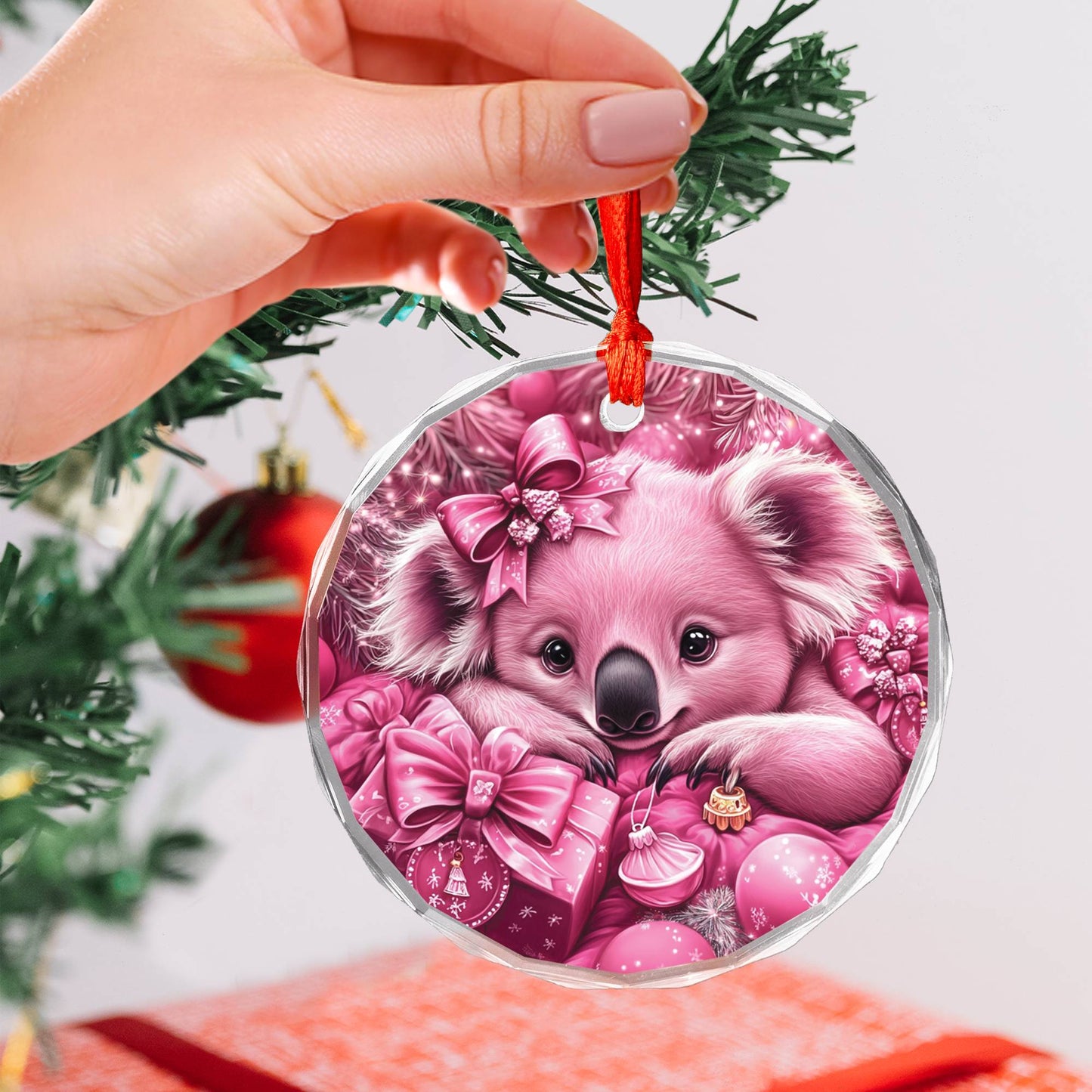 Koala Pink Christmas Design 1 Glass Ornament