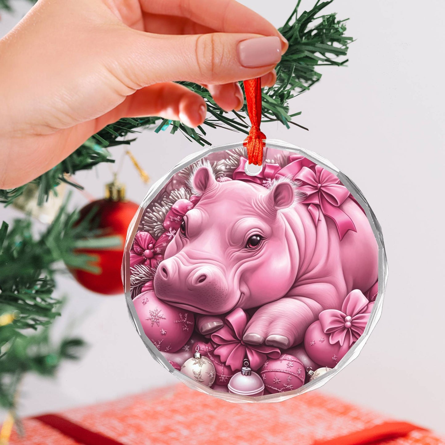 Hippo Pink Christmas Design 1 Glass Ornament