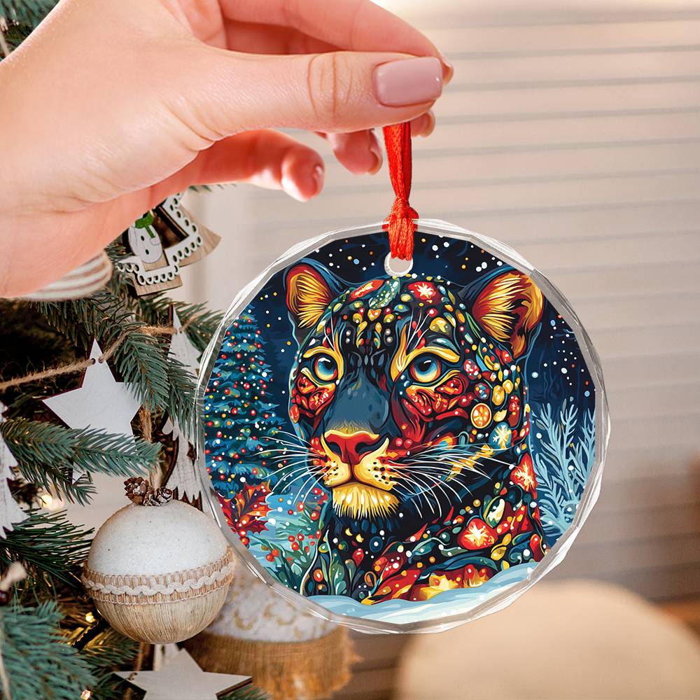 Beautiful Panther Christmas Night Design 1 Glass Ornament