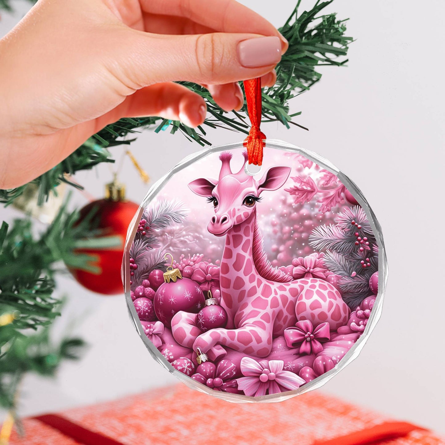 Giraffe Pink Christmas Design 4 Glass Ornament