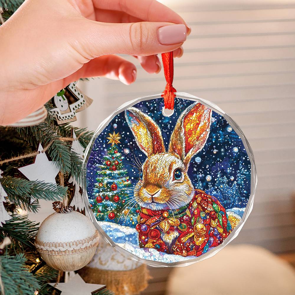 Beautiful Rabbit Christmas Night Design 3 Glass Ornament