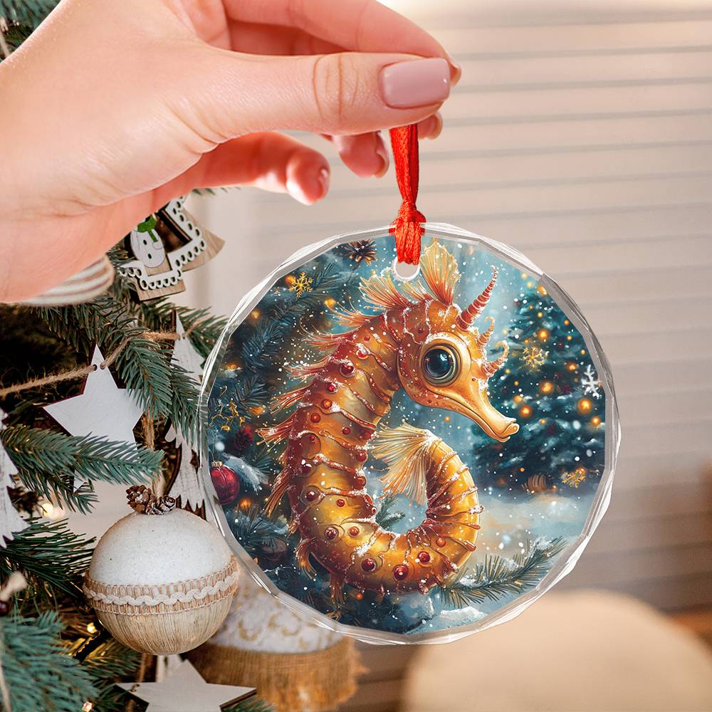 Beautiful Angus Seahorse Christmas Night Design 1 Glass Ornament