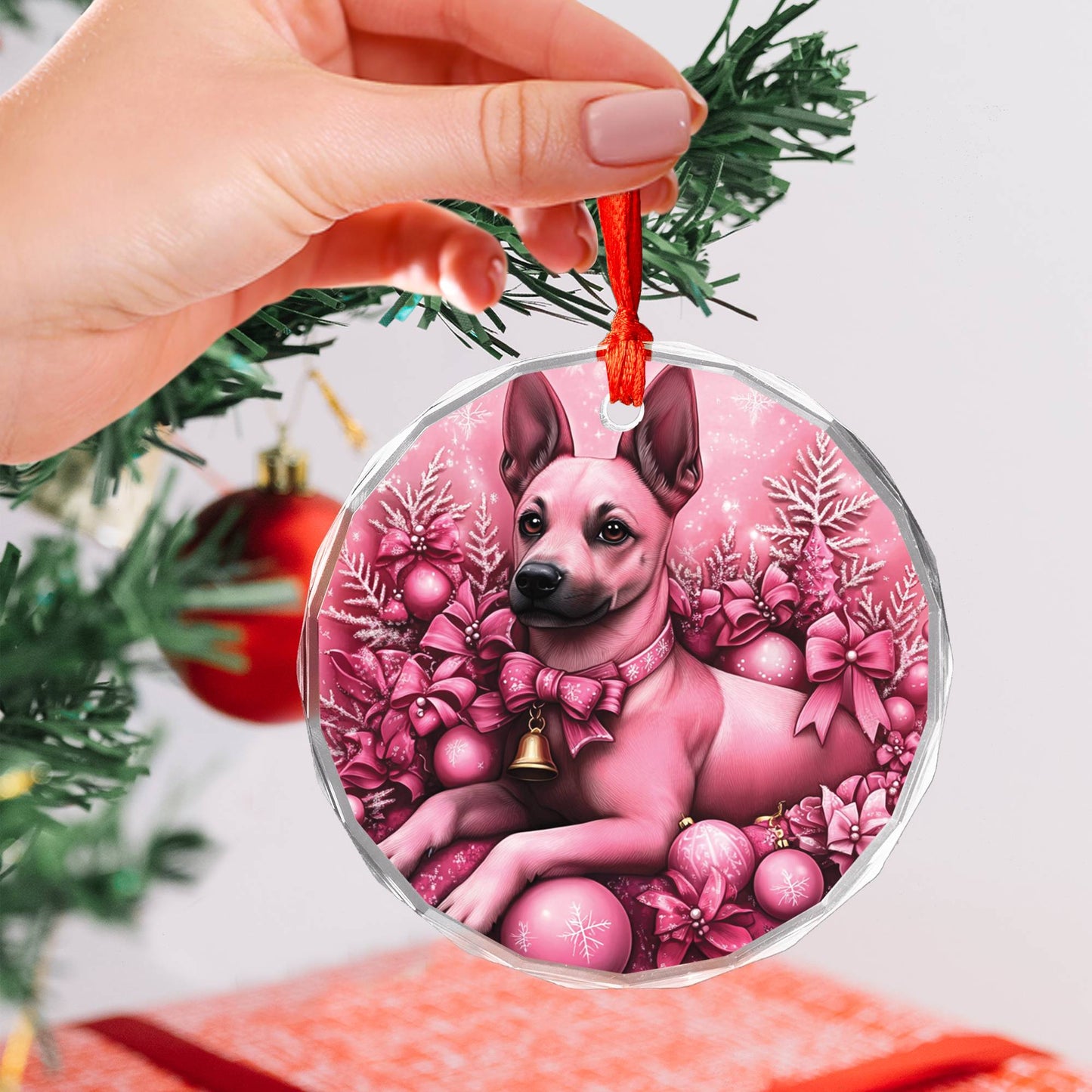 Belgian Malinoi Dog Pink Christmas Design 3 Glass Ornament