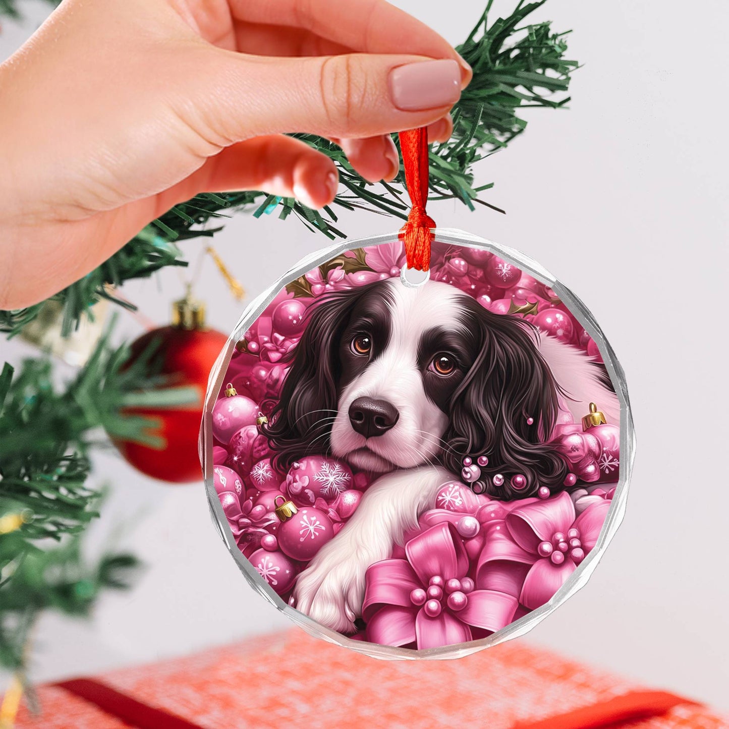 English Springer Spaniel Dog Pink Christmas Design 4 Glass Ornament