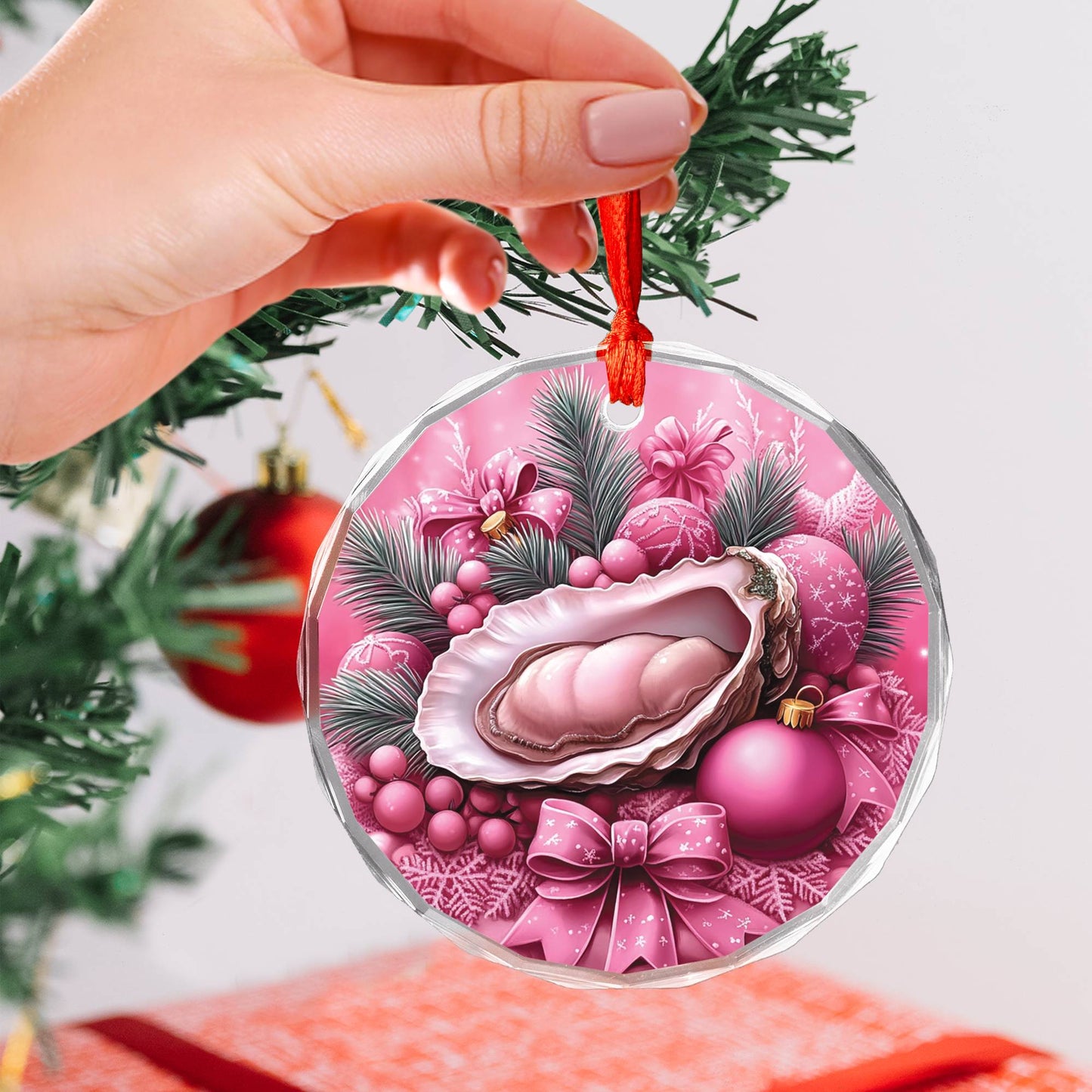 Oysters Pink Christmas Design 1 Glass Ornament