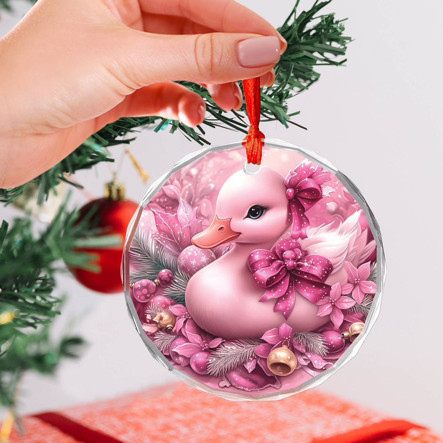 Duck Pink Christmas Design 1 Glass Ornament