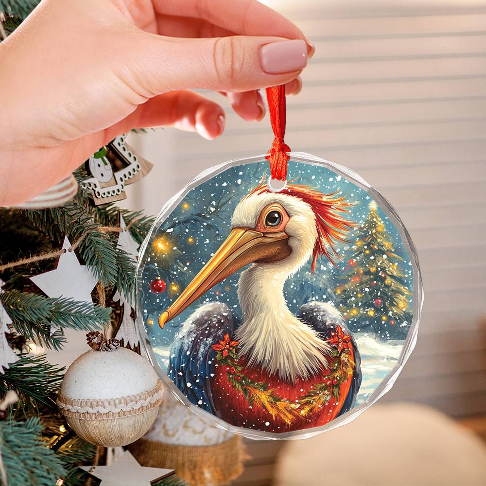 Beautiful Pelican Christmas Night Design 2 Glass Ornament