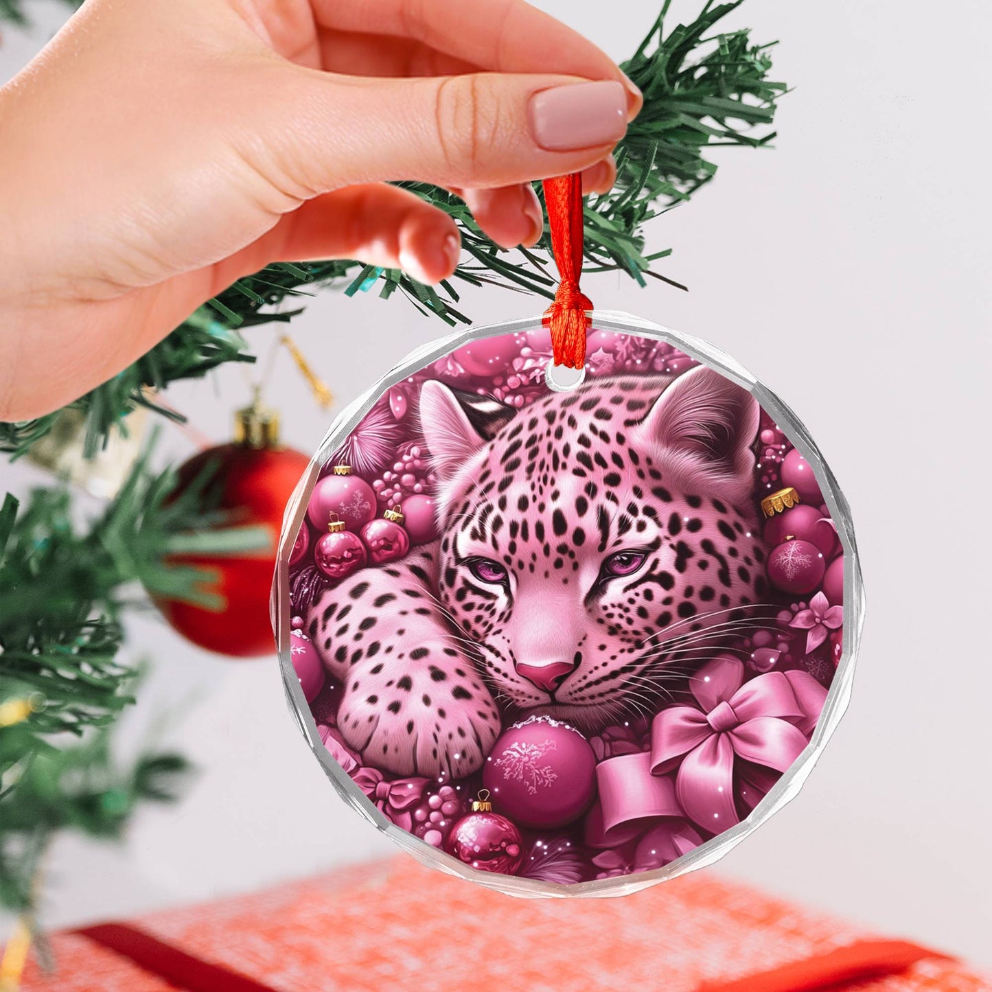 Leopard Pink Christmas Design 4 Glass Ornament
