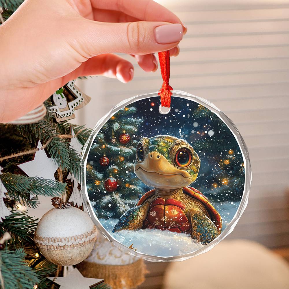 Beautiful Angus Turtle Christmas Night Design 3 Glass Ornament