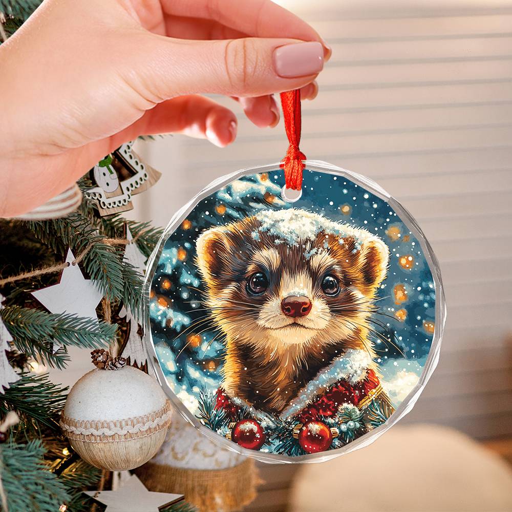 Beautiful Ferret Christmas Night Design 1 Glass Ornament