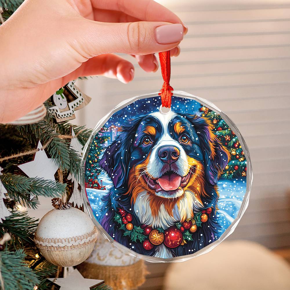 Beautiful Angus Bernese Mountain Dog Christmas Night Design 1 Glass Ornament