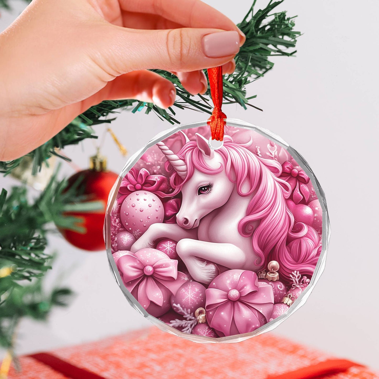 Unicorn Pink Christmas Design 1 Glass Ornament