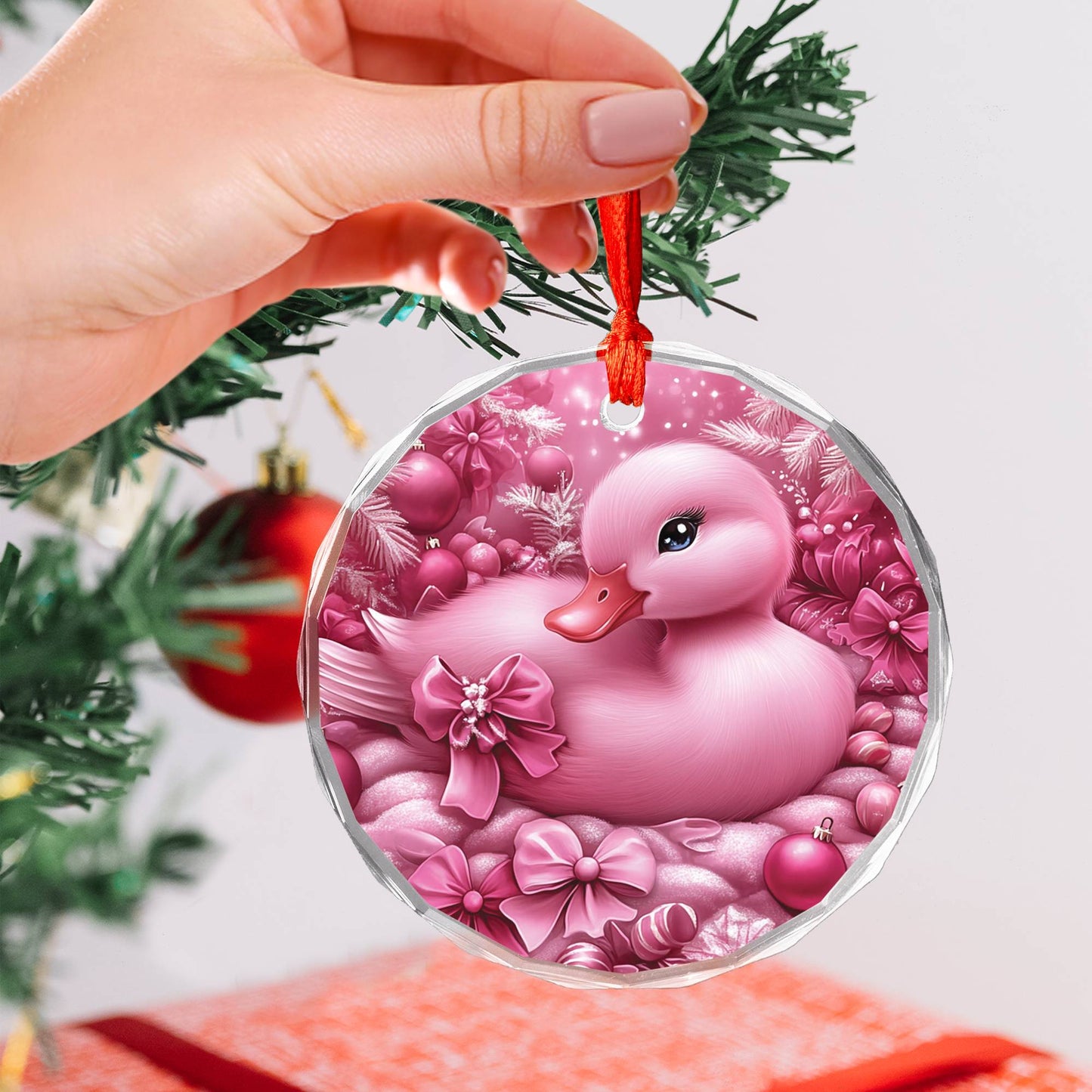 Duck Pink Christmas Design 2 Glass Ornament