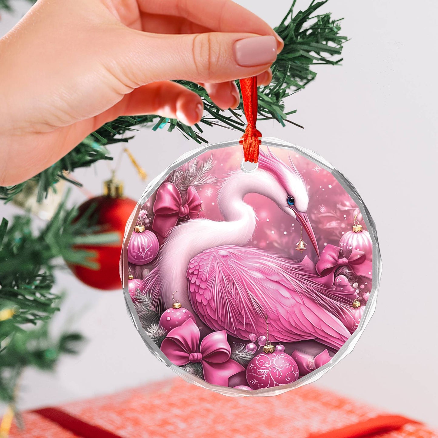 Heron Pink Christmas Design 2 Glass Ornament