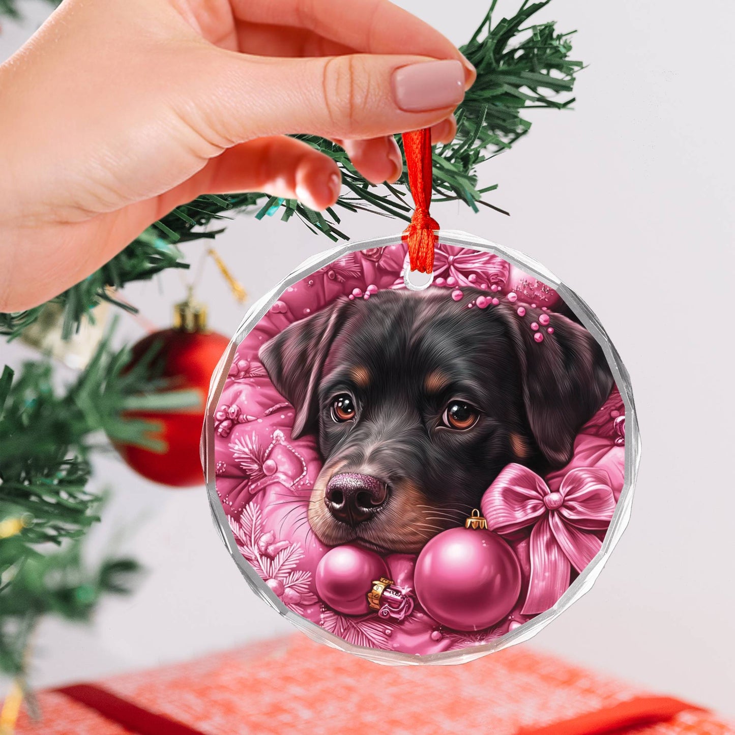 Christmas Rottweiler Dog Pink Christmas Design 2 Glass Ornament