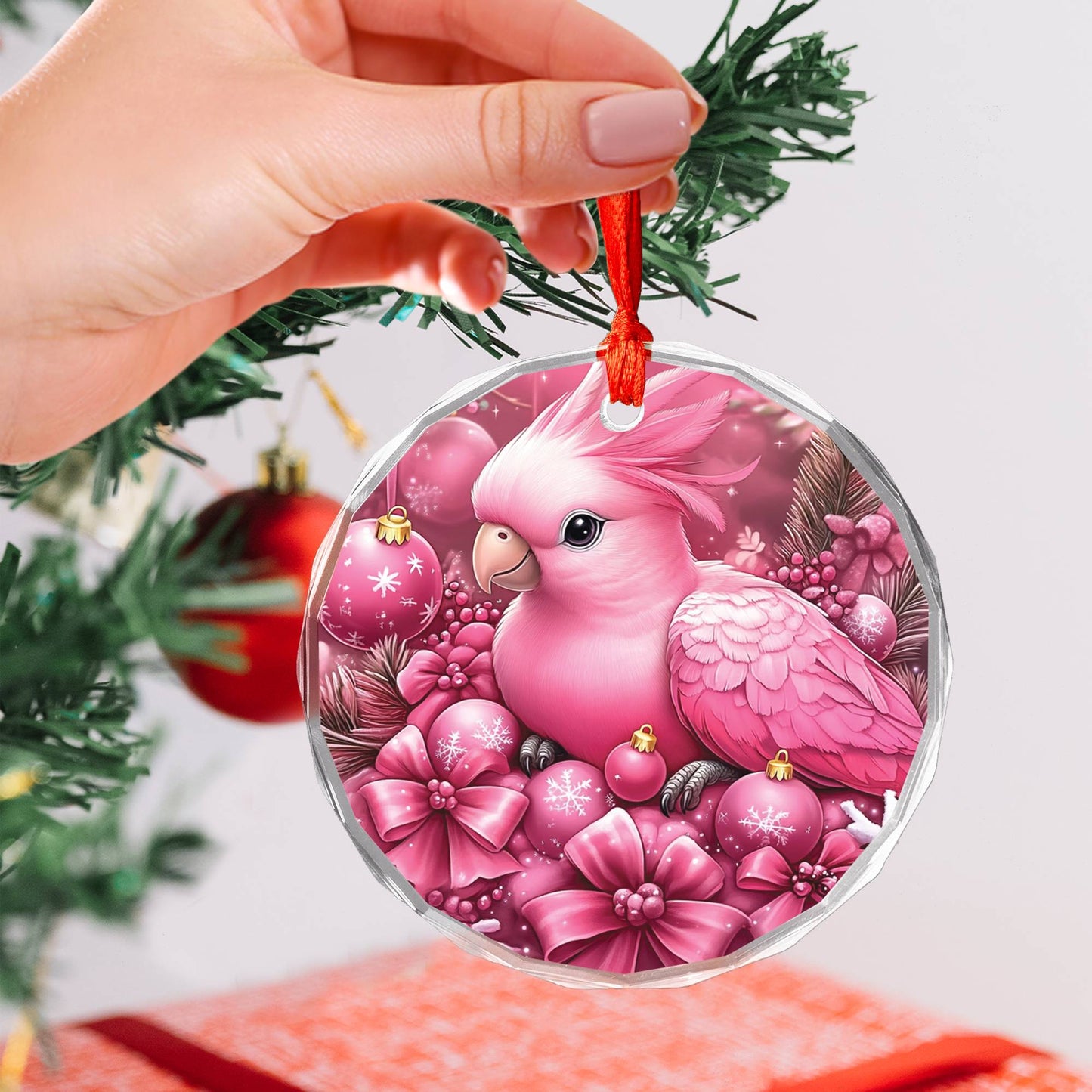 Parrot Pink Christmas Design 4 Glass Ornament