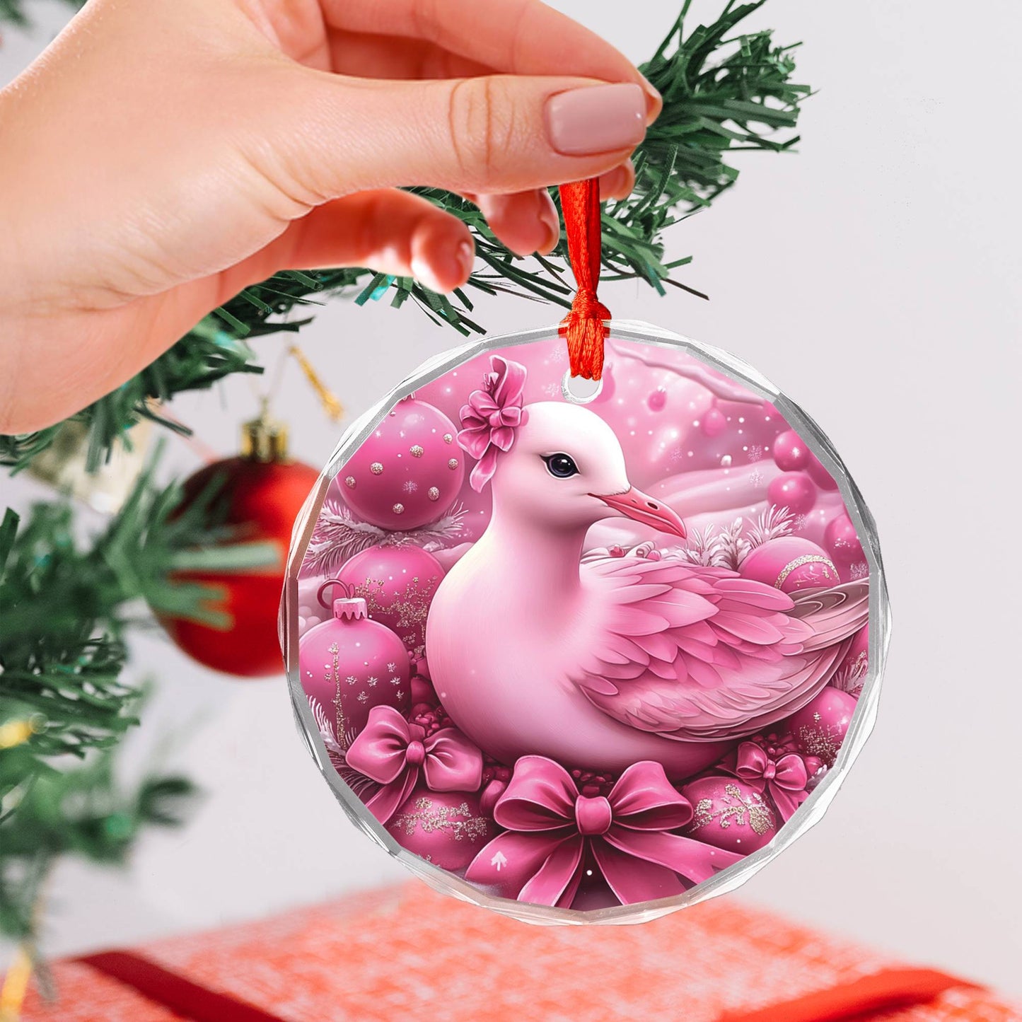 Seagull Pink Christmas Design 1 Glass Ornament