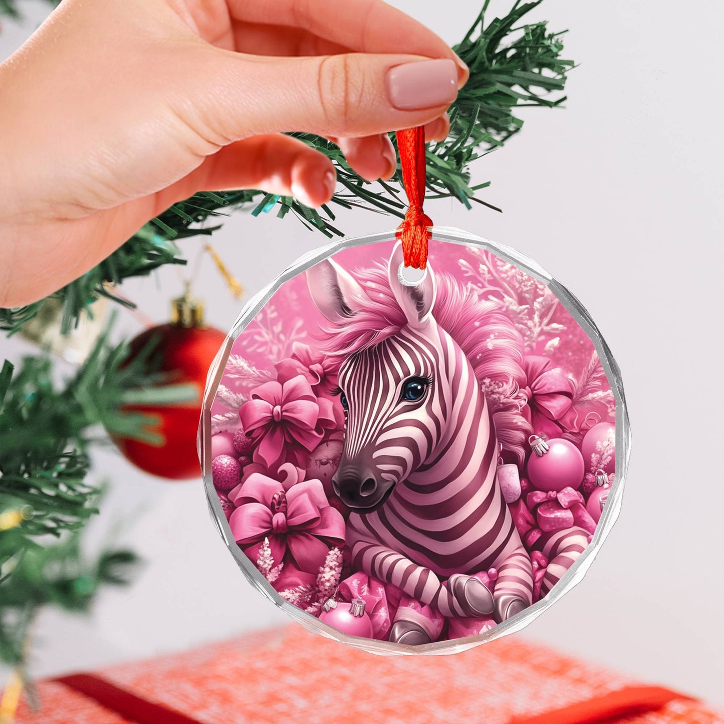 Zebra Pink Christmas Design 2 Glass Ornament