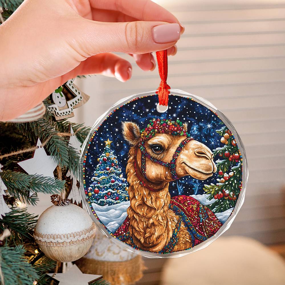 Beautiful Camel Christmas Night Design 2 Glass Ornament