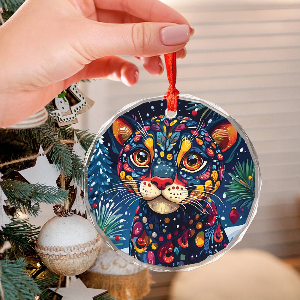 Beautiful Panther Christmas Night Design 3 Glass Ornament