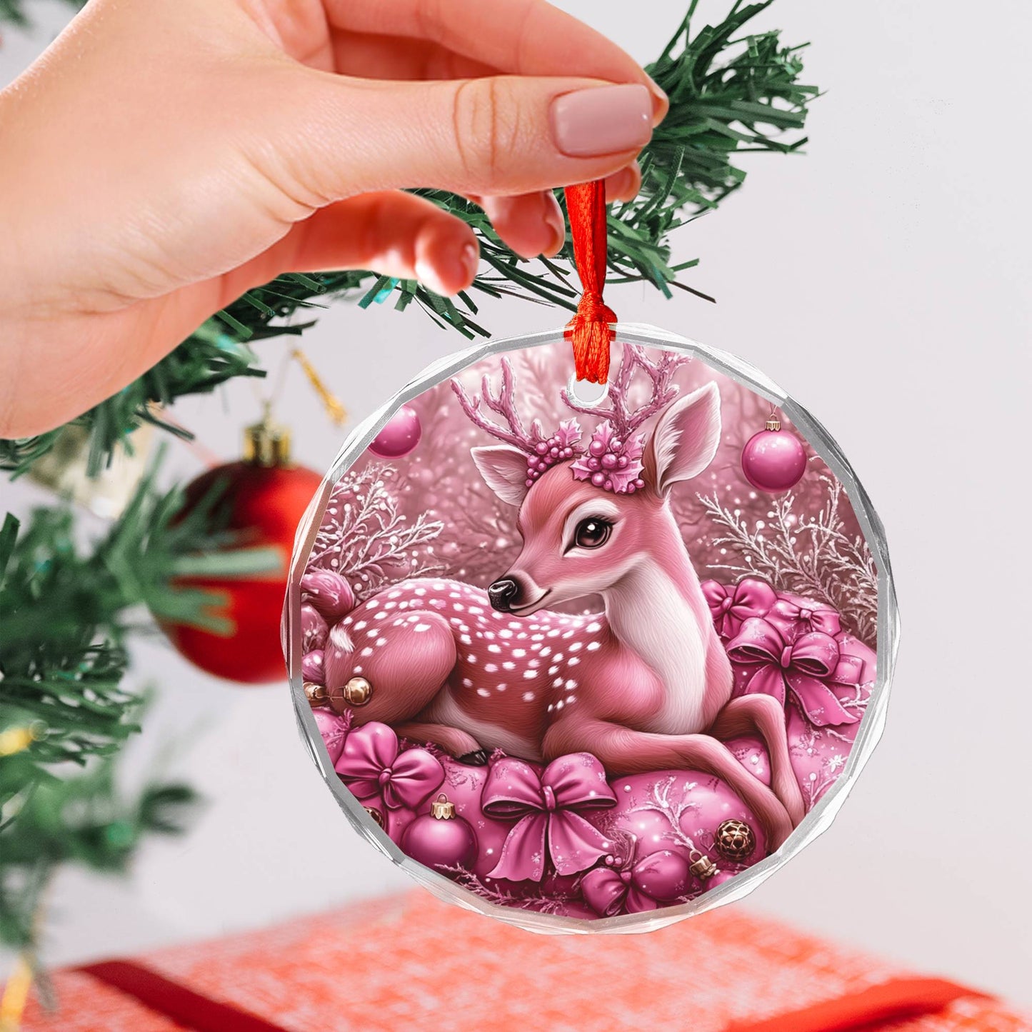 Deer Pink Christmas Design 4 Glass Ornament