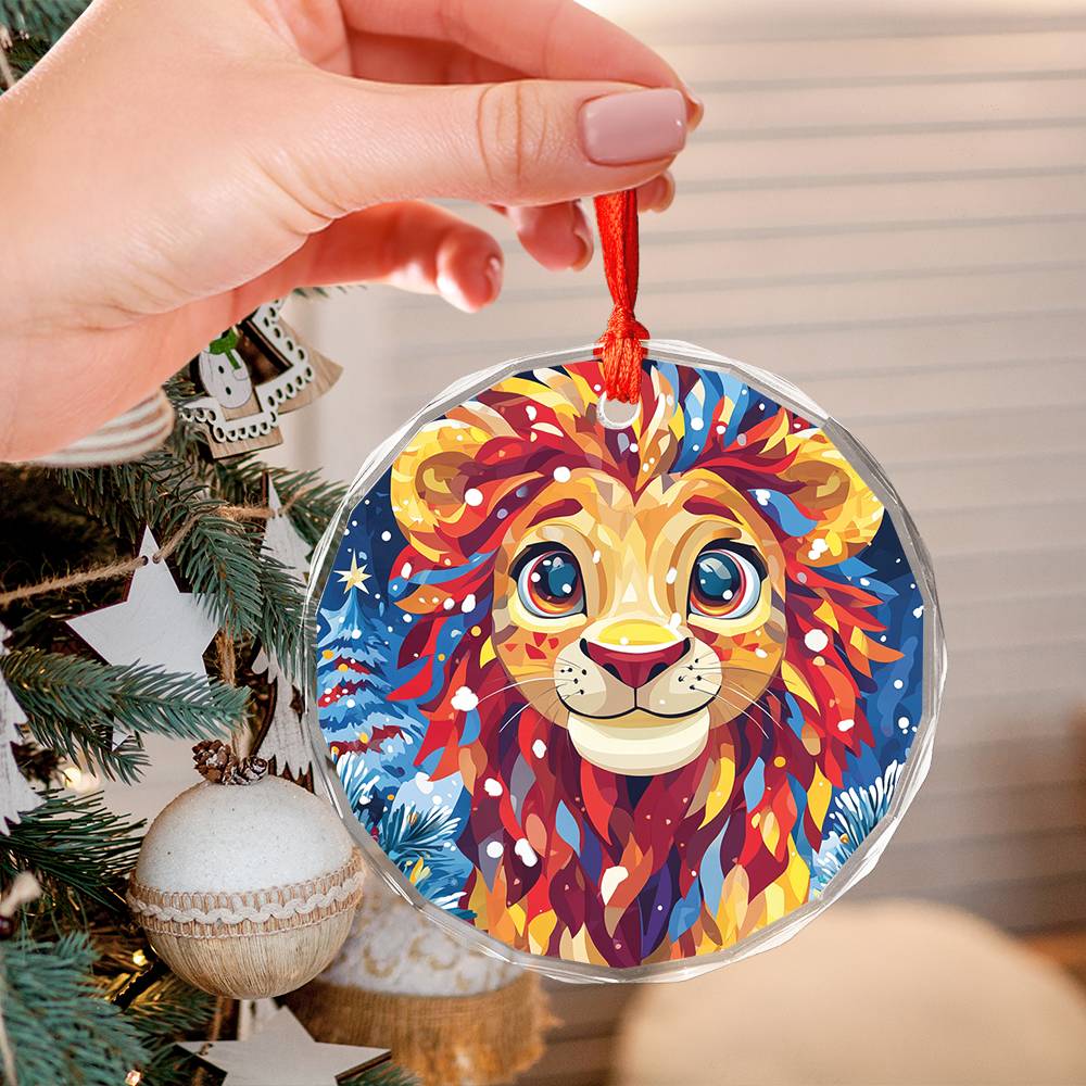 Beautiful Lion Christmas Night Design 2 Glass Ornament