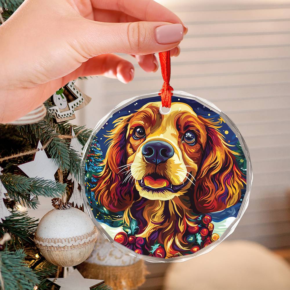 Beautiful Cocker Spaniel Dog Christmas Night Design 1 Glass Ornament