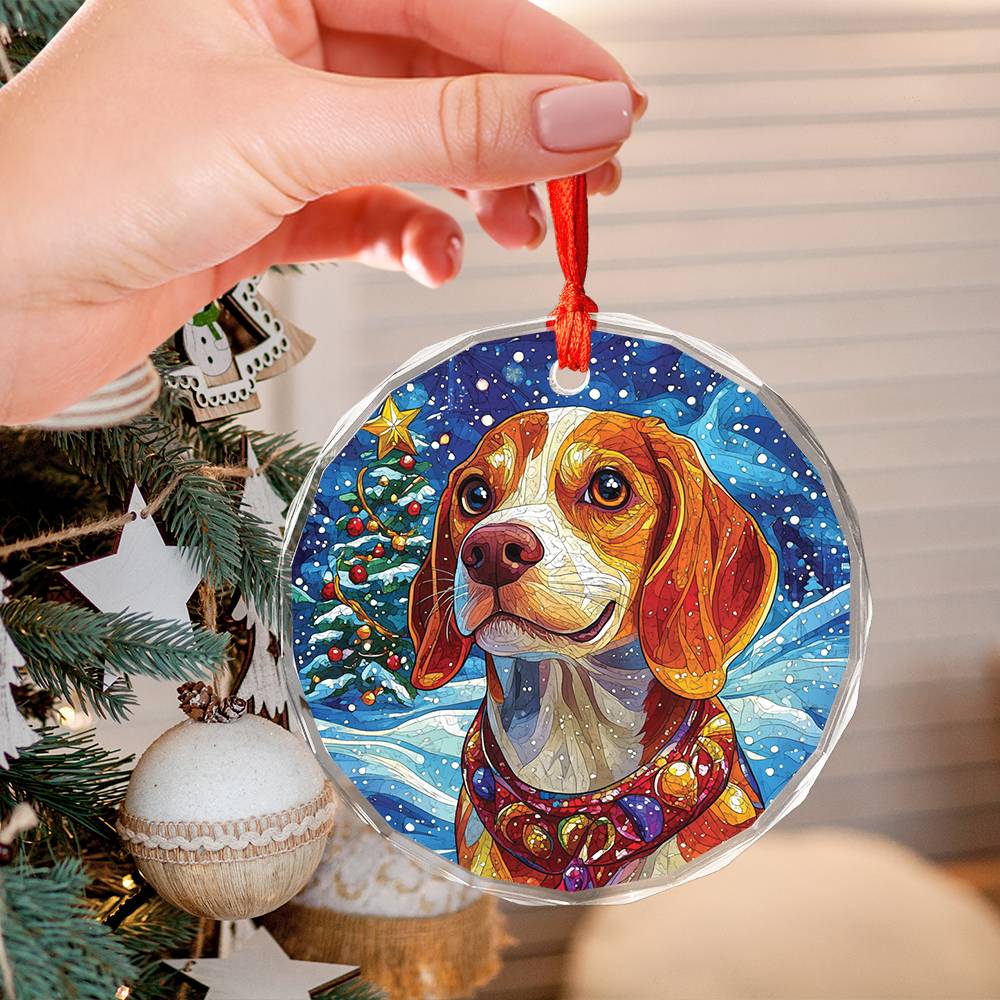 Beautiful Angus Beagle Dog Christmas Night Design 4 Glass Ornament