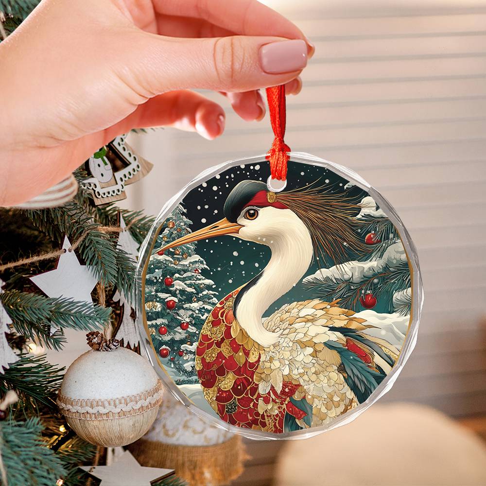 Beautiful Crane Christmas Night Design 3 Glass Ornament