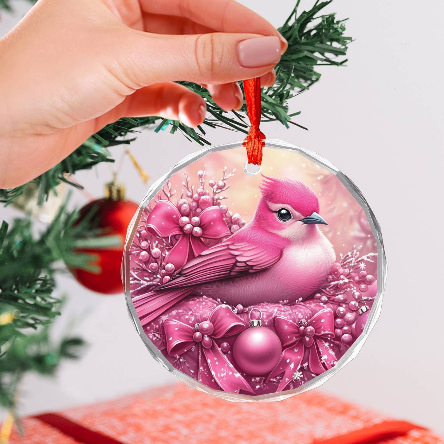 Songbird Pink Christmas Design 3 Glass Ornament
