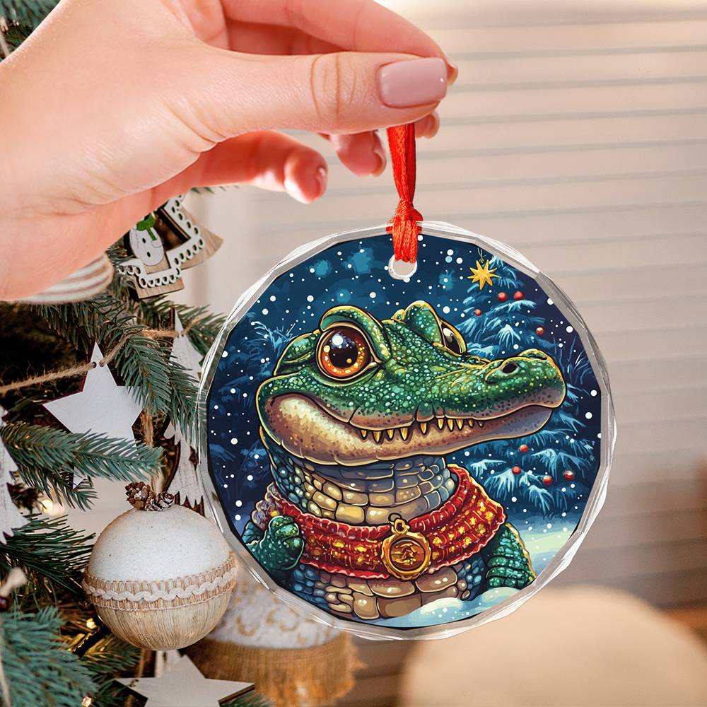 Beautiful Angus Alligator Christmas Night Design 3 Glass Ornament