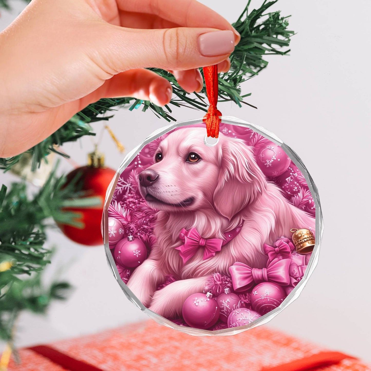 Golden Retriever Dog Pink Christmas Design 3 Glass Ornament