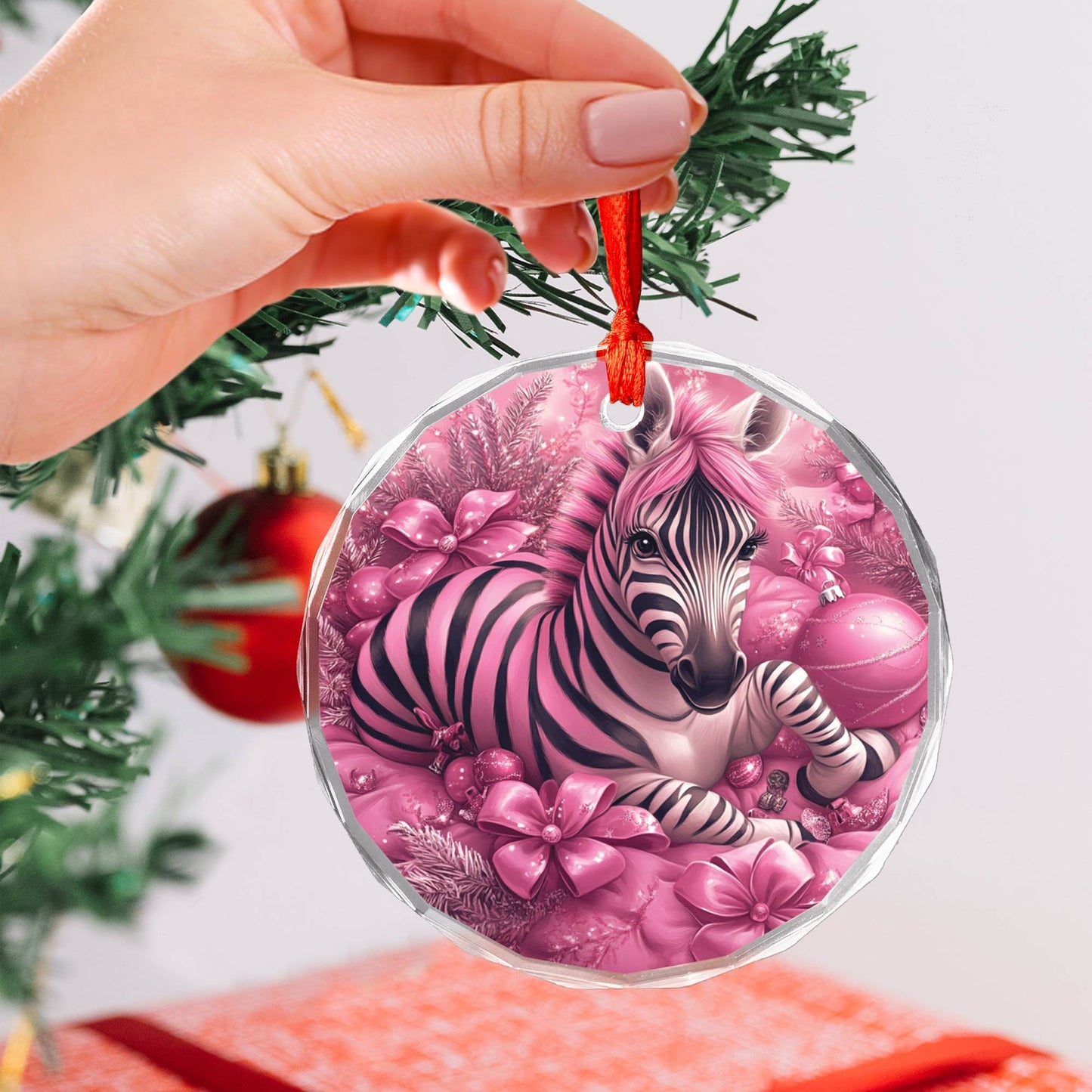 Zebra Pink Christmas Design 3 Glass Ornament