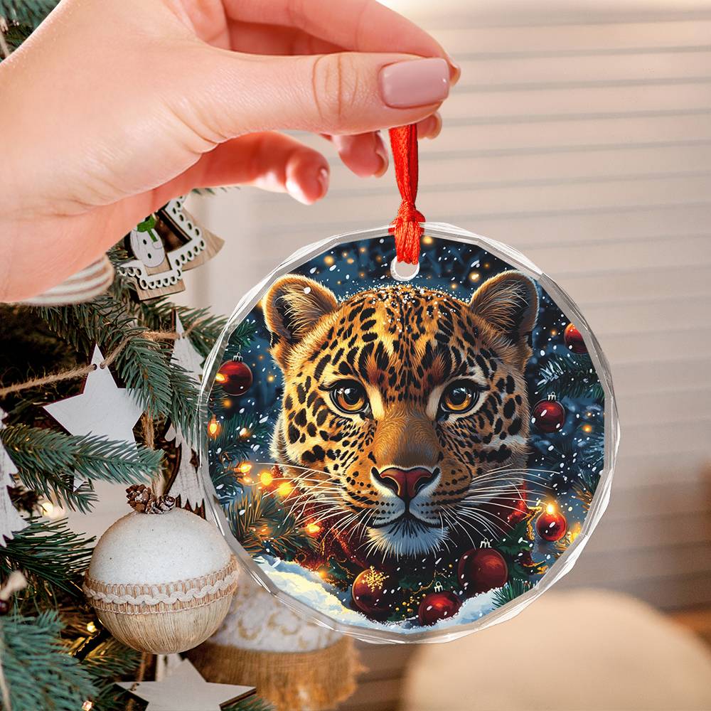 Beautiful Leopard Christmas Night Design 3 Glass Ornament