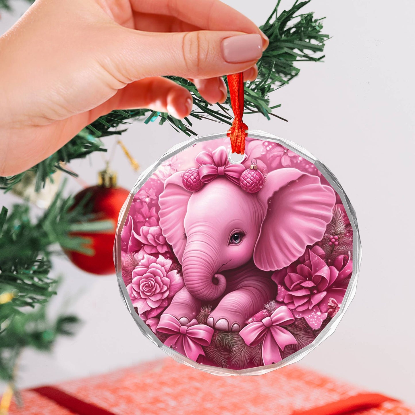 Elephant Pink Christmas Design 3 Glass Ornament
