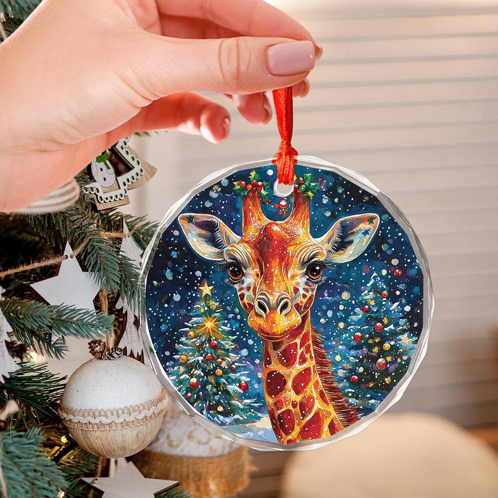 Beautiful Giraffe Christmas Night Design 1 Glass Ornament
