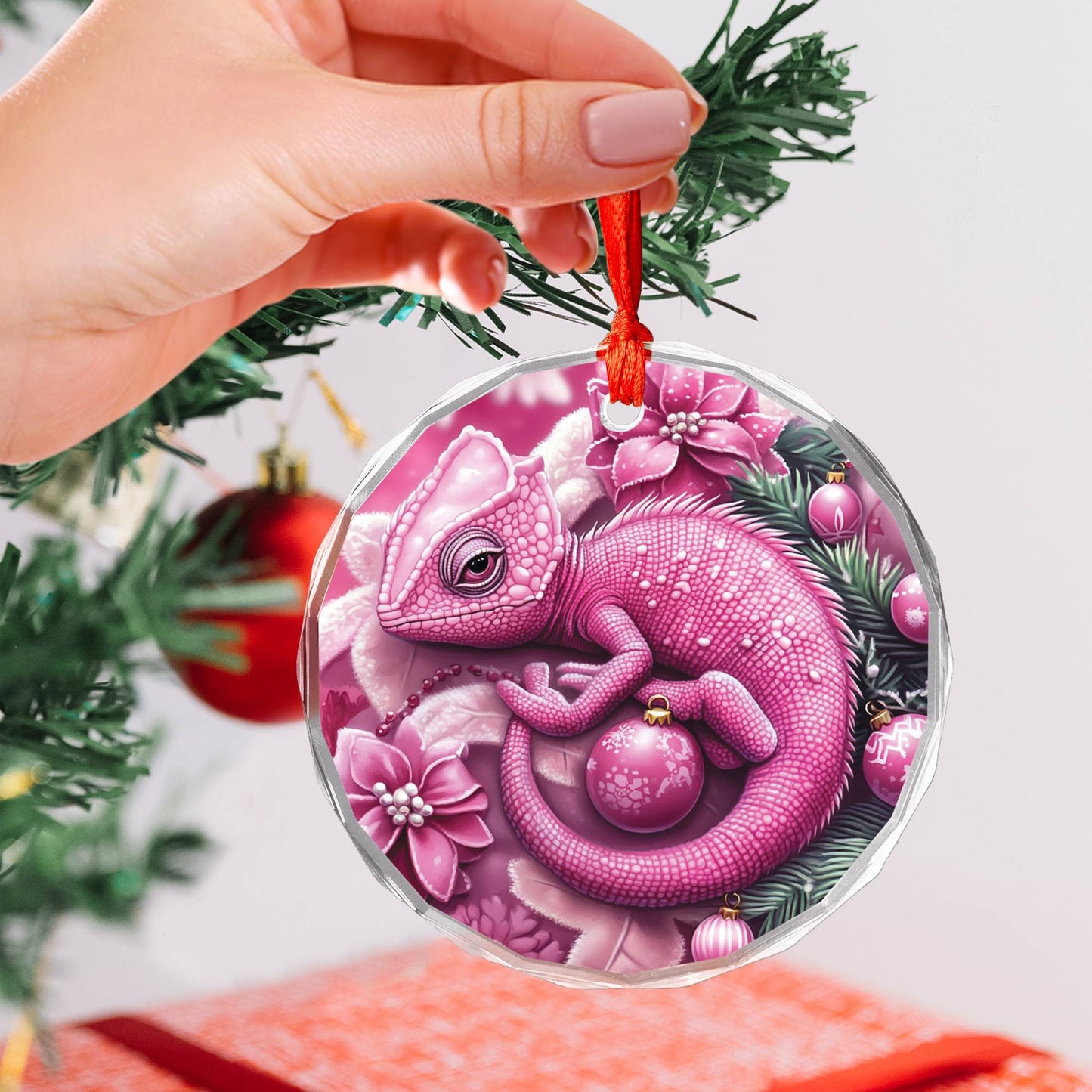 Chameleon Pink Christmas Design 2 Glass Ornament