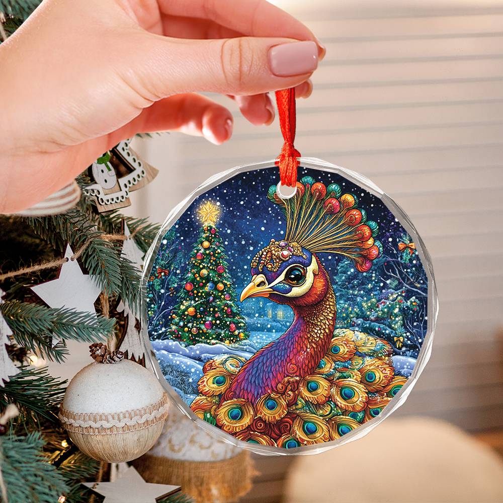 Beautiful Peacock Christmas Night Design 4 Glass Ornament