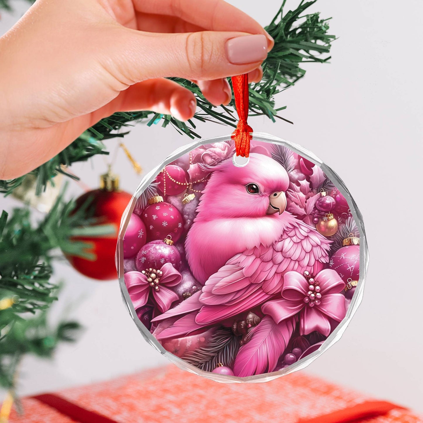 Parrot Pink Christmas Design 2 Glass Ornament