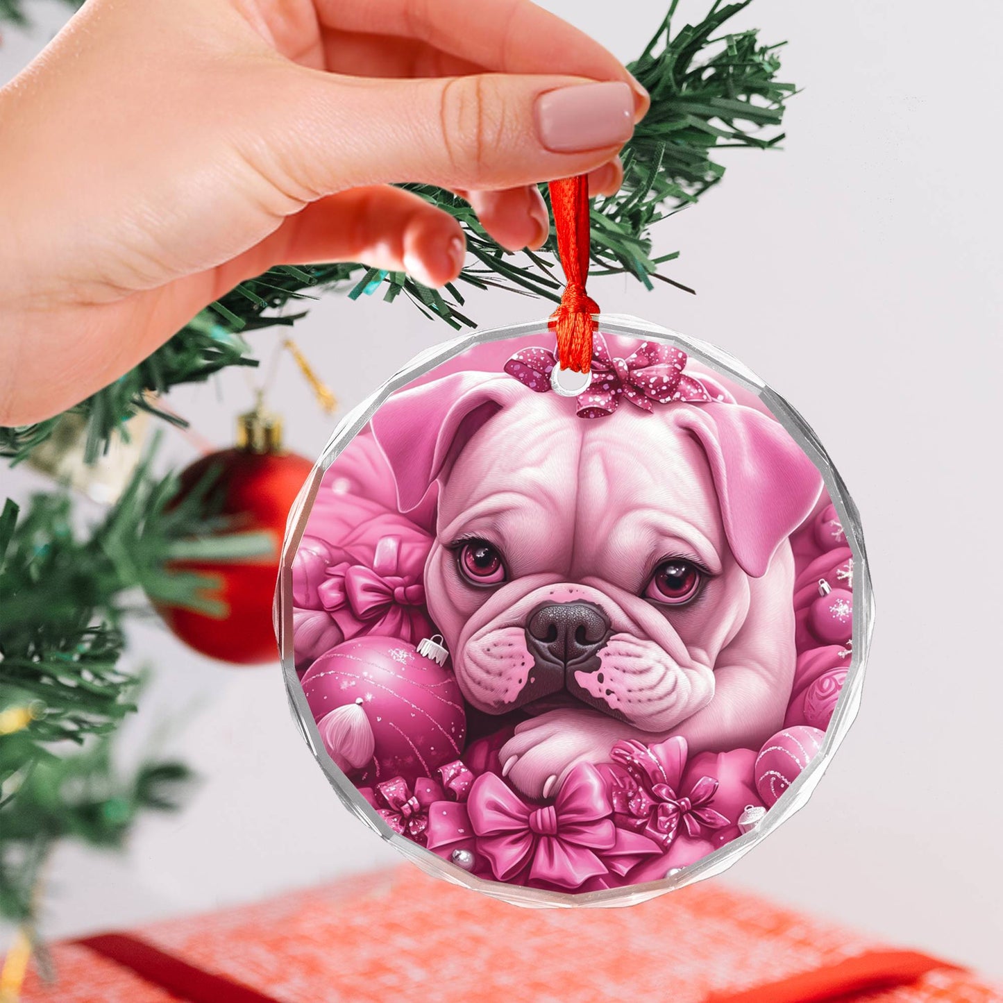 Bulldog Pink Christmas Design 3 Glass Ornament